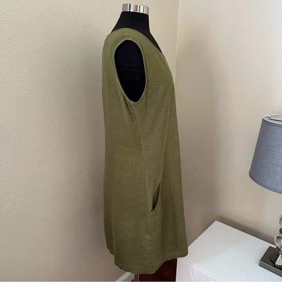 Cut Loose Linen Blend Mixed Media Lagenlook Army Green Midi Dress Size L - Picture 6 of 13